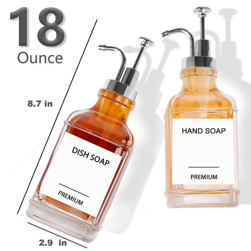 Hoousuper Dish Soap Dispenser for Kitchen, Hand Glass Soap Dispenser Set with Pump, Funnel for Bathroom, Shower, Laundry, Liquid, Lotion (Silver 2 Pack 18 Oz Clear Bottles with 12 Stickers) - Image 3